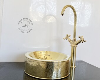 Solid Brass Vessel Sink for Bathroom, Handcrafted Round Drop-In Sink with Matching Brass Faucet, Hammered Brass Basin for Vanity or Kitchen