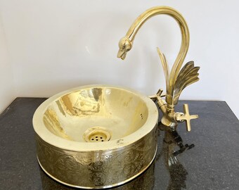 Unlacquered Brass Round Sink, Hand-Hammered Drop-In or Undermount Bar Sink with Drain, Freestanding Brass Vessel Basin with Optional Faucet