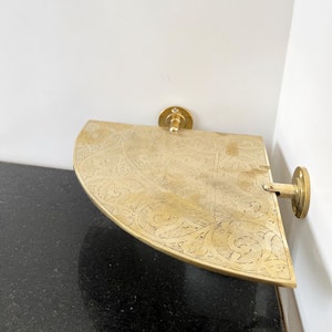 Unlacquered Brass Corner Shelf, Etched Wall-Mounted Brass Shelf, Elegant Corner Shelves for Bathrooms or Kitchens, Handcrafted Home Luxury