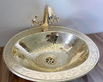 Handmade Single-Hole Unlacquered Brass Faucet, Double Cross Handles, Vintage Bathroom Sink Tap, Solid Brass Vanity Mixer Bathroom Fixture