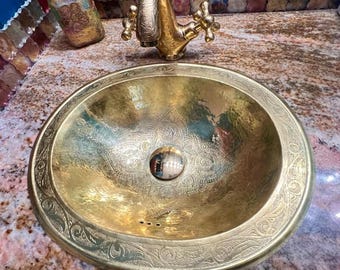 Unlacquered Brass Bathroom Faucet and sink, Single Hole Two Handles Hand Engraved Farmhouse Vessel Sink Tap, Engraved Bronze Faucet
