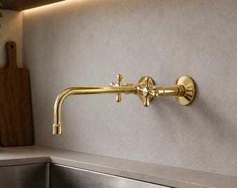 Hammered Brass Wall-Mount Faucet for Bathroom or Kitchen, Hot and Cold Water Handles, Unlacquered Solid Brass Tap with Vintage Handles Style