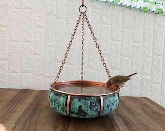 Hanging Copper Bird Bath Bowl, Deep Verdigris Patina Bird Feeder, Ribbed Pure Copper Garden Basin, Outdoor Bird Lover Gift