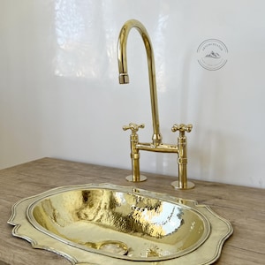 Unlacquered Solid Brass Bridge Faucet with Straight Legs and Handles, Vintage Kitchen Sink Fixture, Antique-Style Brass Kitchen Faucet