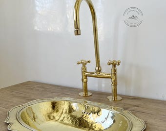 Unlacquered Solid Brass Bridge Faucet with Straight Legs and Handles, Vintage Kitchen Sink Fixture, Antique-Style Brass Kitchen Faucet
