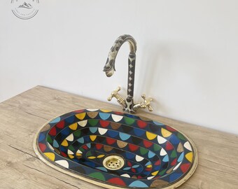 Colorful Resin Inlaid Brass Sink, Unlacquered Brass Drop-In Bathroom Basin, Wood and Brass Vanity Sink, Elegant Antique Style Undermount
