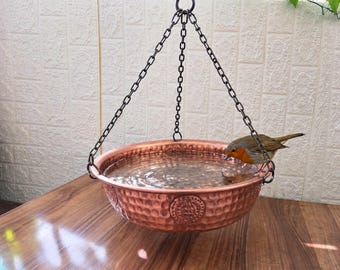 Hammered Pure Copper Hanging Bird Bath, Hand Engraved Copper Water Feeder Bowl, Polished Copper Garden Ornament, Outdoor Bird Drinker