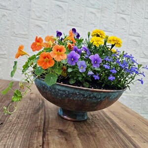 Könnte beinhalten: Eine Schale auf einem Fuß mit gesprenkelter türkiser und kupferfarbener Oberfläche, gefüllt mit einem Arrangement aus orangefarbenen Kapuzinerkressen, violetten Stiefmütterchen, gelben Studentenblumen und kleinen blauen Lobelien.