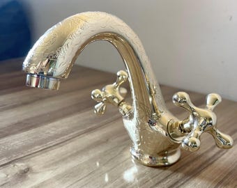 Unlacquered Brass Gooseneck Bathroom Faucet, Solid Brass Vanity Faucet, Brushed Brass Finish, Flat Handles, Luxury Bathroom Sink Fixture