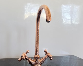Copper Gooseneck Faucet for Bathroom or Kitchen Sink, Handmade Vintage Style Hot Cold Tap, Copper Finish Vessel Faucet for Farmhouse