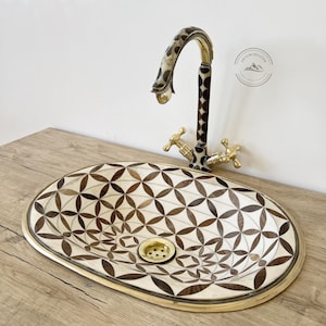 Brass and Wood Oval Drop-In Sink, Handmade Unlacquered Brass Bathroom Vanity Sink, Basin Style for Powder Room, Brass Drop-In Bathroom Sink