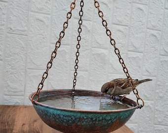 Hanging Copper Bird Bath, Patina Verdigris Bird Feeder Bowl, Handcrafted Hammered Copper Garden Decor, Outdoor Bird Feeder for Yard