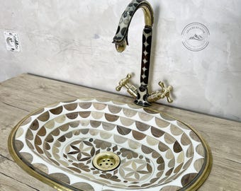Handmade Brass Sink with Walnut Wood and Resin Inlay, Oval Bathroom Sink, Artisan Brass Vessel Basin + Free Pop-Up Drain