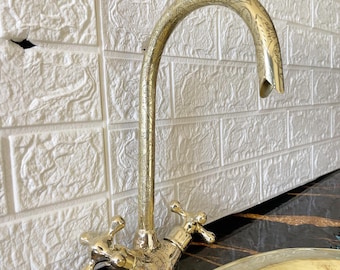 Unlacquered Brass Bathroom Sink Faucet, Engraved Gooseneck Design, Single Hole Vanity Faucet, Brass for Bathroom, Elegant Bathroom Faucet