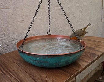 Verdigris Patina Copper Bird Bath Bowl, Hanging Pure Copper Bird Feeder, Weathered Green Copper Water Basin, Garden Gift for Bird Lovers