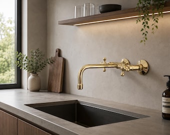 Unlacquered Brass Wall-Mount Faucet for Bathroom or Kitchen, Hot and Cold Water Handles, Solid Brass Tap with Vintage Handles Style Options
