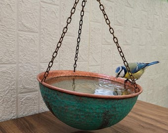 Copper Verdigris Bird Bath Bowl, Aged Green Patina Water Feature, Outdoor Tabletop Garden Decor, Gift for Bird Lover