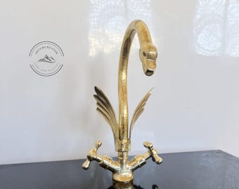 Unlacquered Brass Swan Faucet with Two Handles, Engraved Gooseneck Bathroom Faucet, Luxurious Brass Sink Fixture, Swan Design for Vanity
