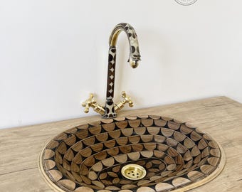 Brass Oval Drop-In Bathroom Sink, Handmade Solid Brass Sink with Walnut Wood and Resin Inlay, Unlacquered Brass and Wood Sink Design