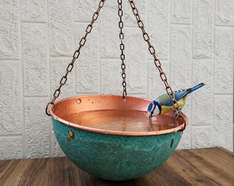 Aged Verdigris Green Copper Bird Bath, Hanging Metal Water Bowl for Garden, Handmade Copper Bird Feeder, Unique Garden Gift for Bird Lovers