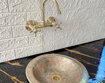 Unlacquered Brass Wall Mount Kitchen Faucet with Lever Handles, Brass Sink Faucet, Durable Wall-Mounted Faucet for Kitchen or Bar Sinks