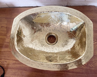 19.3” Oval Brass Sink, Handmade Bathroom Brass Basin, Engraved Brass Sink, Drop-In Brass Vanity Sink, Rustic Oval Brass Bathroom Sink