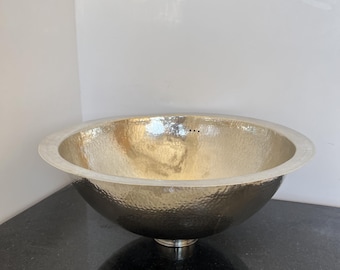Matte Silver Coated Brass Bathroom Sink, Hammered Mid-Century Vessel Sink, Bohemian Antique Etched Basin, Handmade Silver Brass Vanity