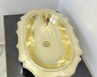 Unlacquered Solid Brass Oval Bathroom Vessel Sink with Overflow Hole, Antique Bathroom Sink, Brass Exposed Sink, Handmade Vintage Brass Sink