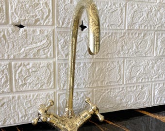 Engraved Gold Brass Gooseneck Faucet, Handmade Single-Hole Bathroom Tap, Luxury Solid Brass Sink Fixture, Gold Bathroom or Vanity Faucet