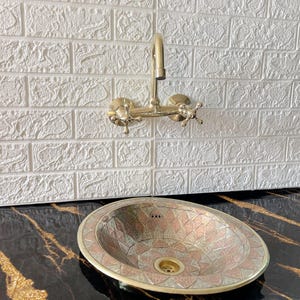 Unlacquered Brass Wall Mount Faucet, Two-Hole Kitchen Faucet with Lever Handles, Handmade Solid Brass Sink Faucet, Wall-Mounted Brass Tap