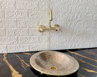 Unlacquered Brass Wall Mount Faucet, Two-Hole Kitchen Faucet with Lever Handles, Handmade Solid Brass Sink Faucet, Wall-Mounted Brass Tap