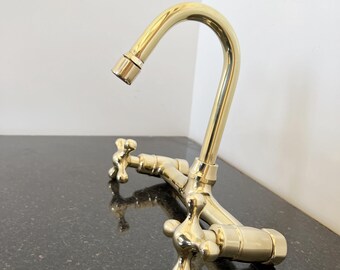 Unlacquered Brass Gooseneck Faucet with Engraved Finish, Solid Brass Kitchen or Bar Sink Faucet, Swan Neck Design for Vanity, Wash Basin,