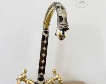 Unlacquered Brass Bathroom Faucet with Resin and Wood Accents, Vintage Sink Tap with Bone Inlay, Unique Handmade Solid Brass Faucet