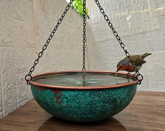 Antique Verdigris Copper Bird Bath Bowl, Hanging Solid Copper Bird Water Drinker, Aged Green Patina Garden Water Basin, Rustic Outdoor Decor