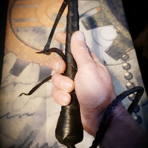 May include: A black leather whip with a braided handle and a long, tapered lash. The whip is held in a hand, showcasing the intricate craftsmanship and design. The whip's handle is wrapped in a spiral pattern, and the lash has a curved end.