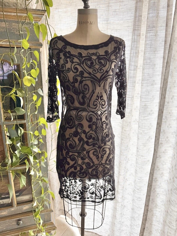 Catherine Malandrino Sheer Black Lace Dress Overlay Elbow Sleeve XS Goth
