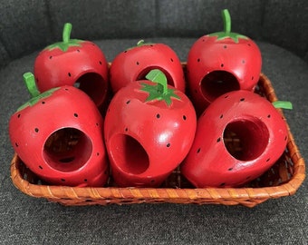 Vintage Strawberry Chunky Wooden Napkin Holder Rings Set of 6 1970s/80s