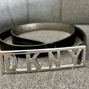 Vintage 90s DKNY Black Leather Belt Metal Logo Belt Buckle  display picture 1