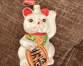 Large Chunky Christmas Lucky Cat Ornament Blown Glass 5” Waving Cat Chinese