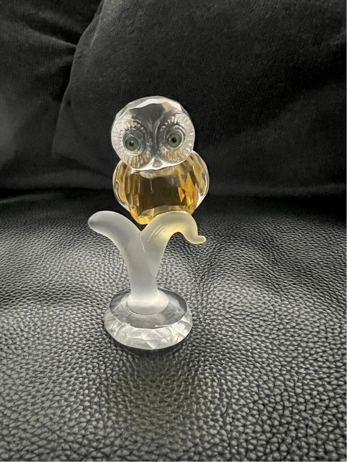 Vintage Faceted Art Glass Crystal Amber Owl Frosted Glass Branch Green Eyes 4”