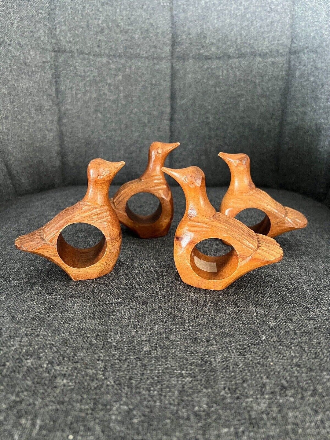 4 Vintage Hand Carved Wood Wooden Duck Bird Napkin Rings Holders Quail