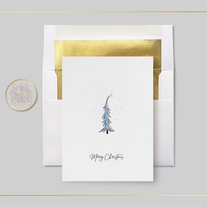 Tree - Merry Christmas - Greeting Card - Xmas Card - Whimsical Christmas Card - Blue Winter Tree - Star - Gold Envelope