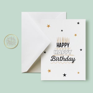 Stars & Cake Birthday Card: Happy Birthday Greeting -  Black and Gold