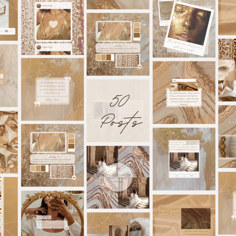 Op de afbeelding: Een collectie van 50 social media post templates met een goud en beige kleurenpalet. De ontwerpen bevatten diverse lay-outs met abstracte texturen, glinsterende accenten en kaders voor afbeeldingen, tekstvakken en citaat-overlays.