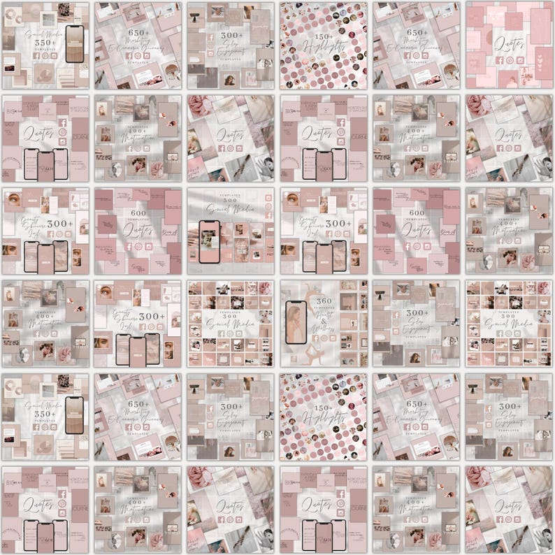 May include: A collage of 25 pink and white Instagram post templates with different numbers of posts, including 300+, 350+, 600+, and 650+. The templates feature a variety of designs, including quotes, highlights, and grid layouts.