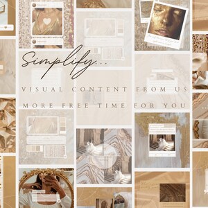 Op de afbeelding: Een digitaal collagesjabloon met een neutraal beige en goud kleurenpalet met diverse kaders, interface-elementen voor sociale media en tekstoverlays waaronder de woorden Simplify, Visual Content From Us en More Free Time For You.