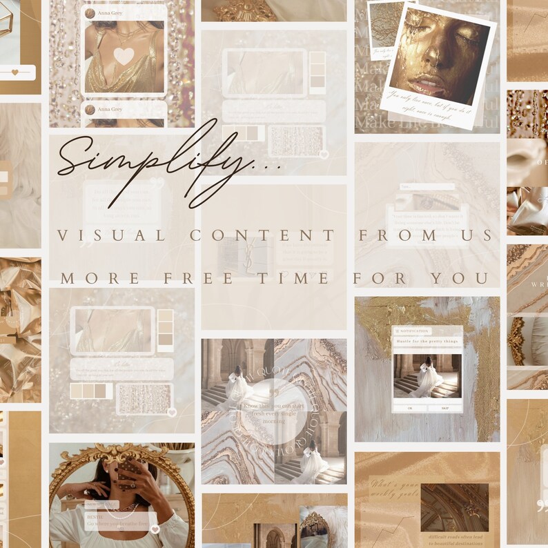 Op de afbeelding: Een digitaal collagesjabloon met een neutraal beige en goud kleurenpalet met diverse kaders, interface-elementen voor sociale media en tekstoverlays waaronder de woorden Simplify, Visual Content From Us en More Free Time For You.