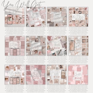 May include: A collage of images showing different social media templates for Instagram, Facebook, Pinterest, and stories. The templates are in a pink and white color scheme and feature quotes, motivational messages, and lifestyle imagery. The text on the image says "You Will Get" and lists the number of templates included in each category.