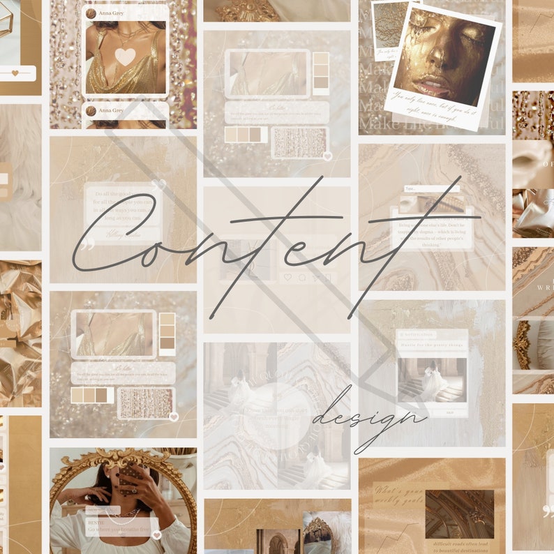Op de afbeelding: Een social media sjabloonraster met een verzameling afbeeldingen in goud- en beigetinten, waaronder portretten, architecturale details en abstracte texturen, bedekt met een groot, diagonaal, semi-transparant Content Design watermerk.
