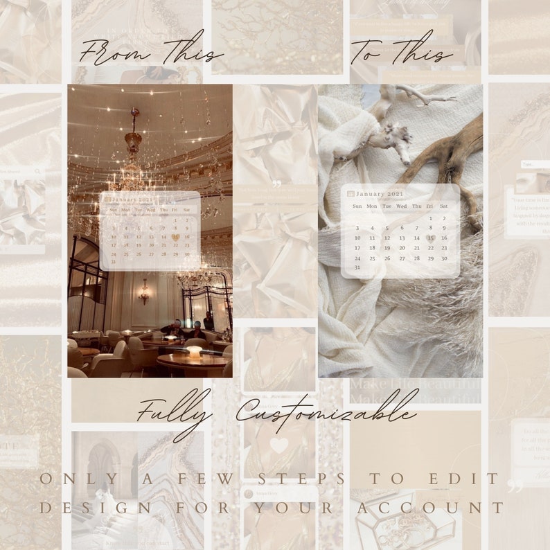 Op de afbeelding: Een digitale collagesjabloon met een beige en cr&egrave;me kleurenpalet met meerdere afbeeldingskaders, een kalender-overlay van januari 2021 en de tekst From This To This, Fully Customizable en Only a few steps to edit design for your account.
